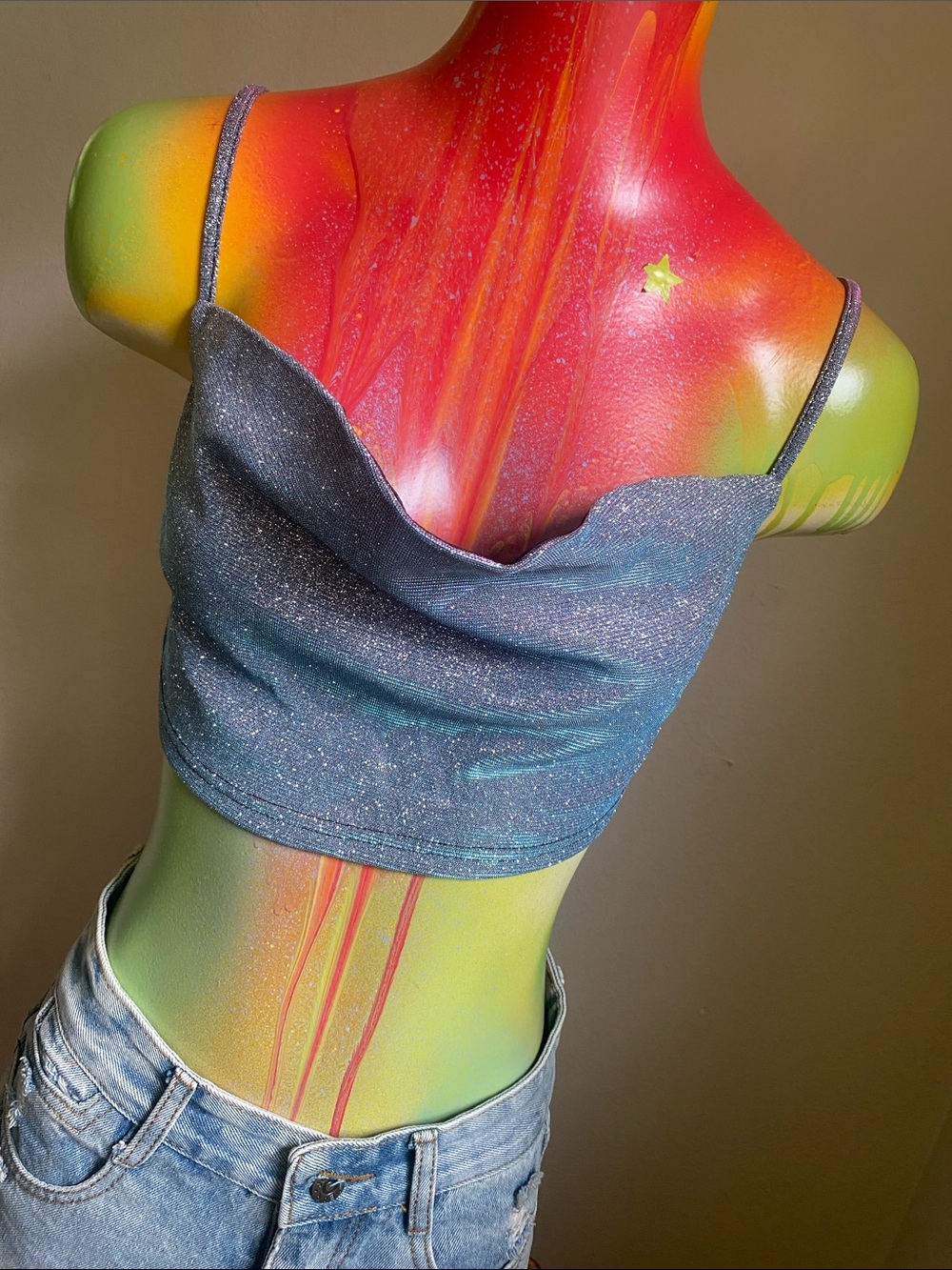Cider Glittery Iridescent Blue Pink Purple Crop Cami with Cowl Neck NWTs